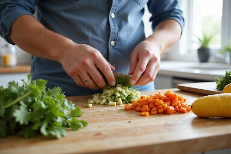 Someone preparing a healthy meal in a modern kitchen, focusing on fresh ingredients.