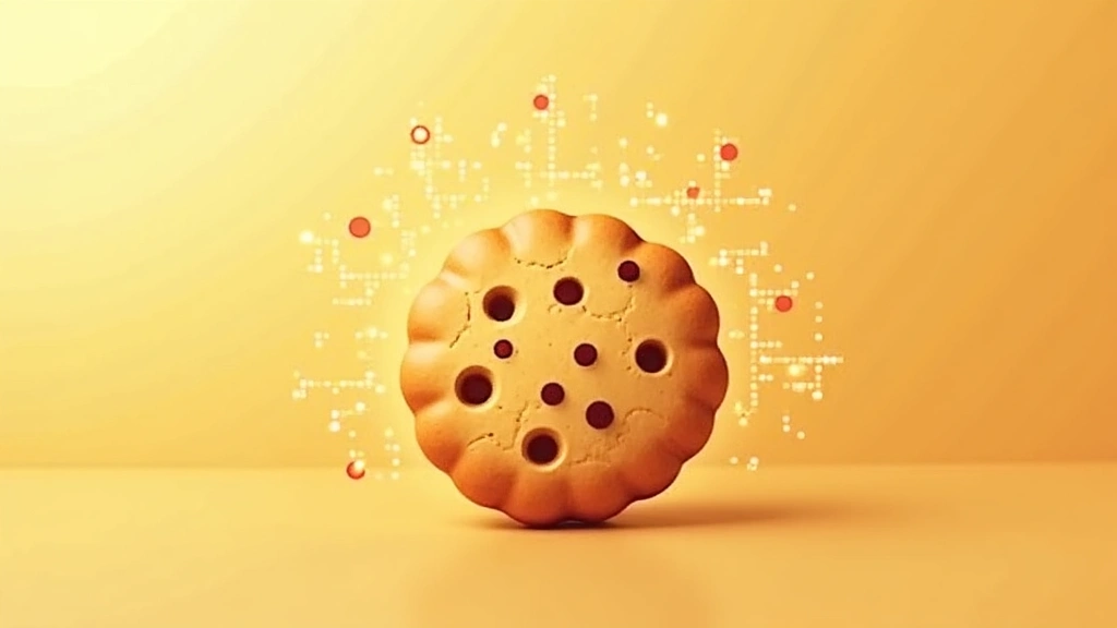 Illustration of a cookie icon with digital data surrounding it, representing website cookies